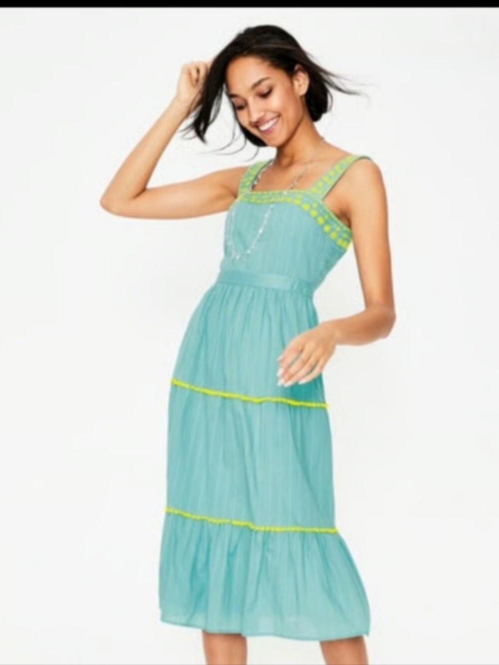 Boden Tiered Embroidered Bohemian Midi Cotton Dress